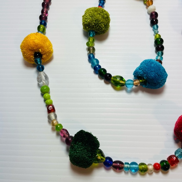 Pom Pom yarn & Bead Necklace, Multi Color, Bohemian, Festival, Art to wear - Picture 2 of 7